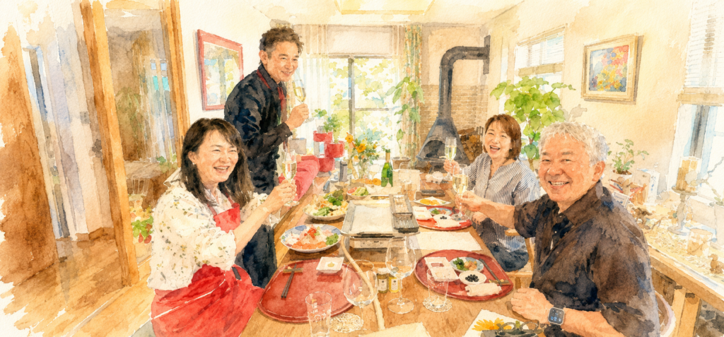 明るいリビングで食事を囲みながら、自然体で笑顔で過ごす大人たちのやさしい水彩画