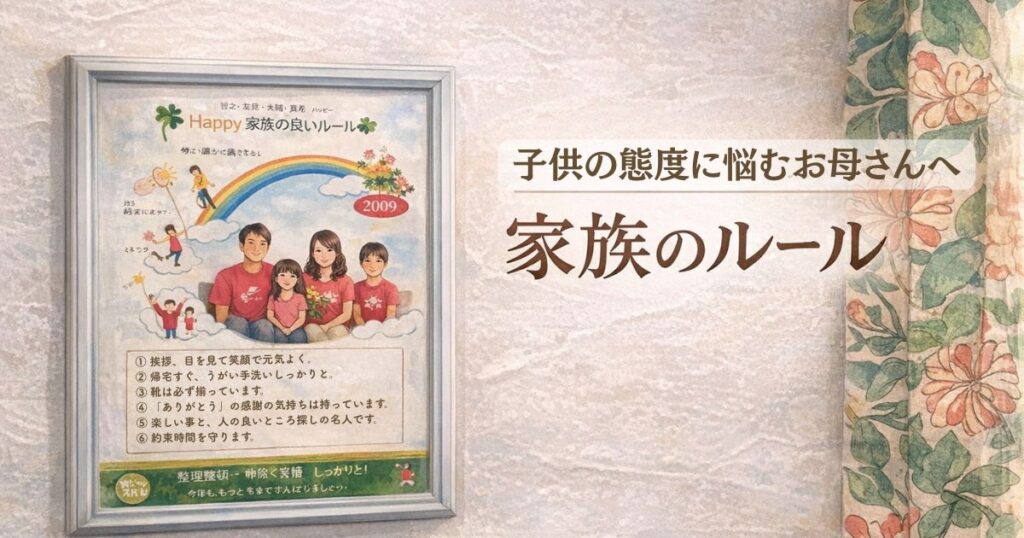 リビングの壁に飾られた家族のルールポスター