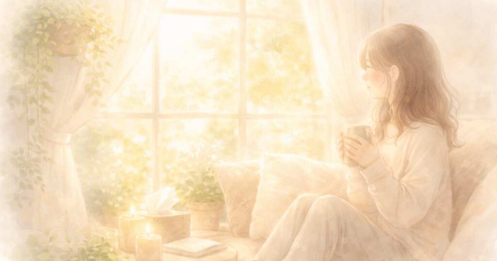 空間の中で心が緩みリラックスする女性を描いたやさしい水彩イラスト