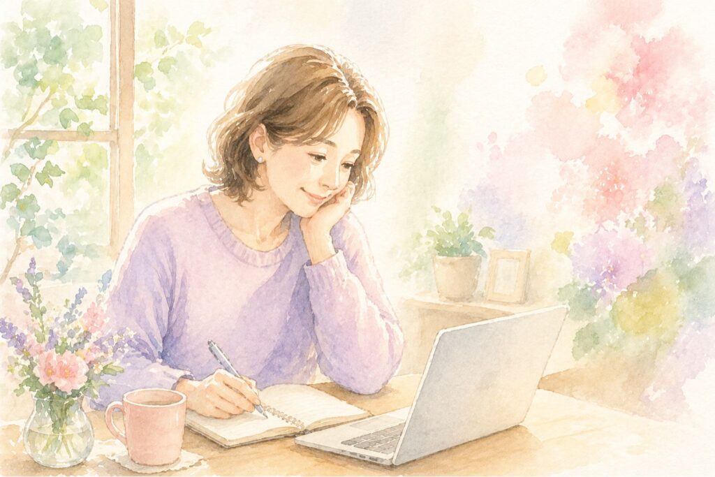 50代からブログを書き始める女性が未来を考えているやさしいイメージ