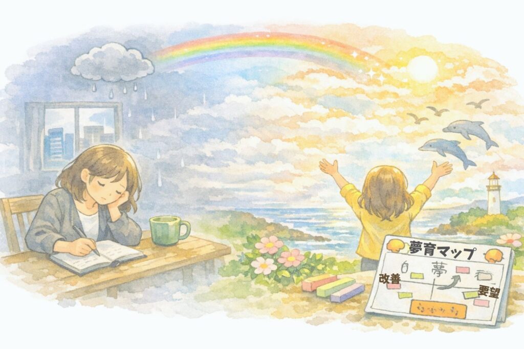 不安の中でノートに気持ちを書いている女性と、海辺で空に向かって手を広げる女性をやわらかな水彩画で描いたアイキャッチ画像。小さな行動が未来の変化につながる様子を表現している。