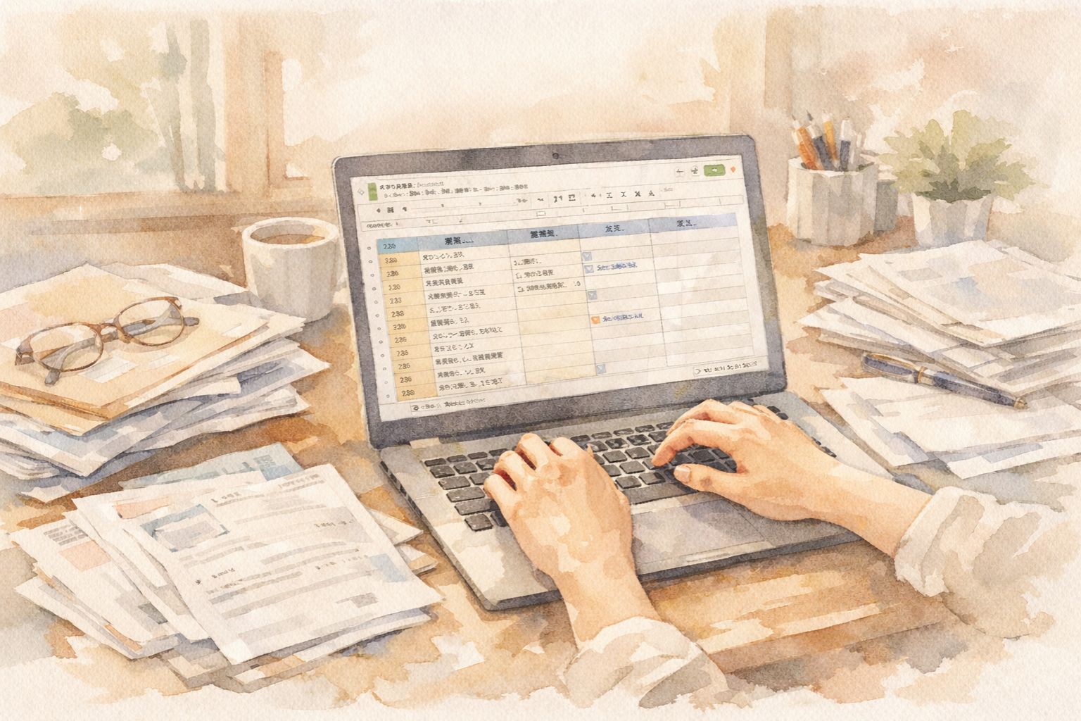 暮らしと人生の整理シートをパソコンに入力しながら、机に積まれた書類を整理している様子を描いた、やさしい水彩画風の横長イラスト