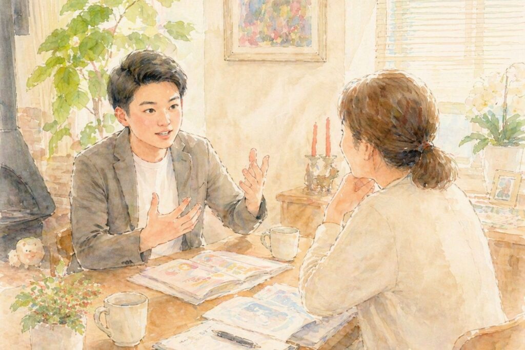 熱意を持って説明する若い男性と話を聞く女性のやさしい水彩画イラスト