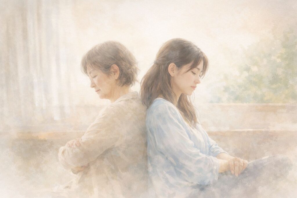 優しくできない親子関係｜背中合わせに座る母と娘が静かに距離を感じている情景