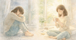 拒絶されたように感じて立ち止まる女性と、やわらかな光の中で気持ちを整えていく様子を描いた水彩スケッチ風イラスト