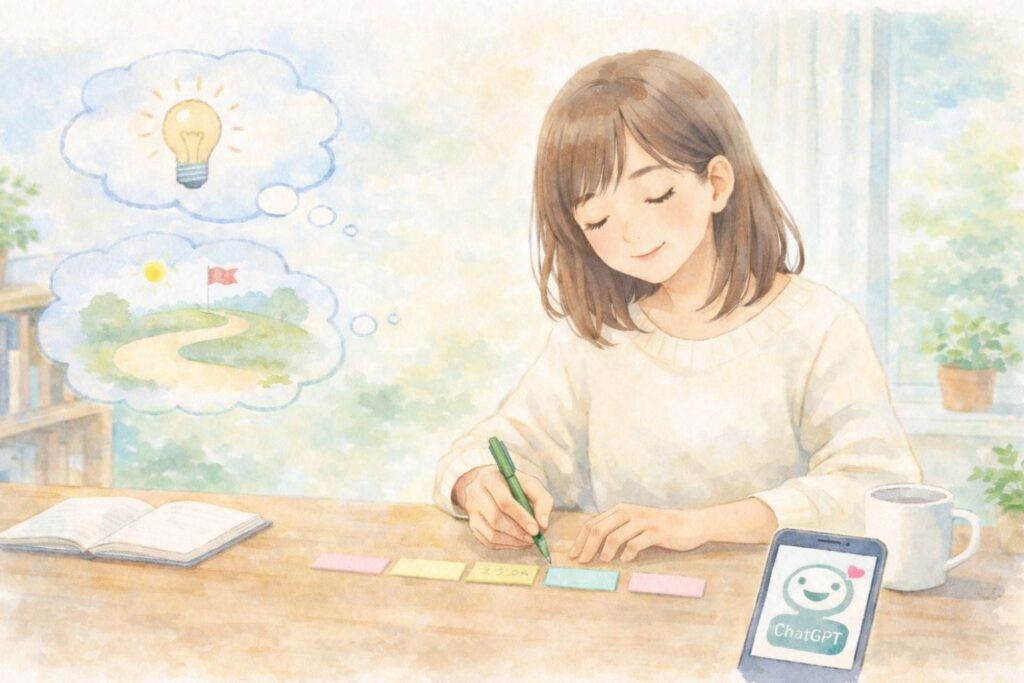 頭の中を整理しながら一歩踏み出そうとする女性のやさしい暮らしの風景
