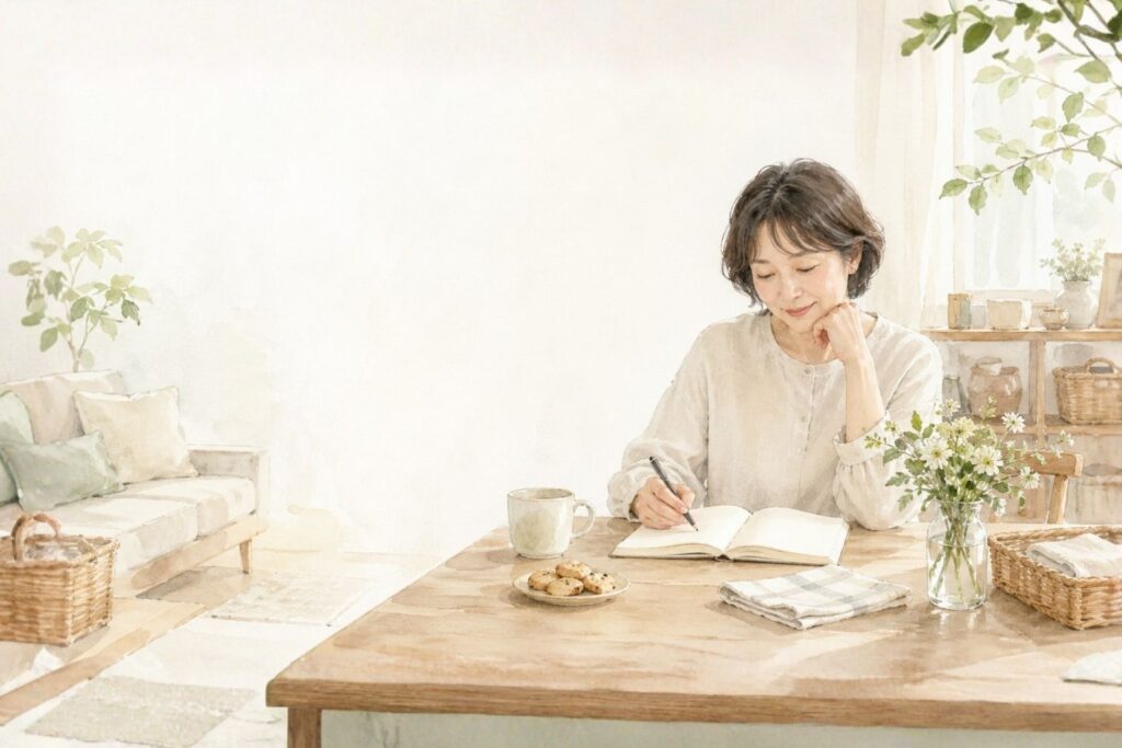 明るい部屋で、ノートを開きながら暮らしの中の小さな仕事や生きがいについて考える女性のやさしい水彩イラスト