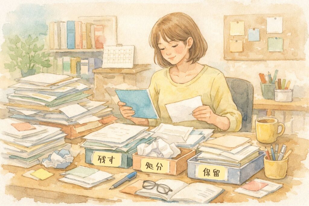 机の上に積み重なった書類を前に、やさしい雰囲気の女性が紙を整理している様子を描いた、水彩画風の横長イラスト