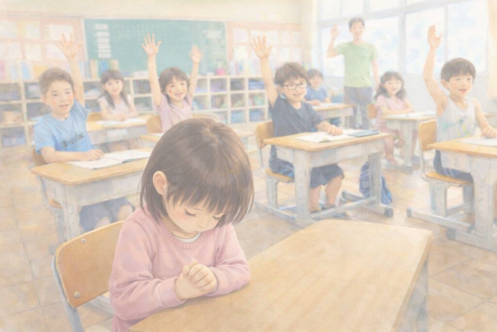 教室で不安そうに座る女の子を描いたやさしい水彩イラスト