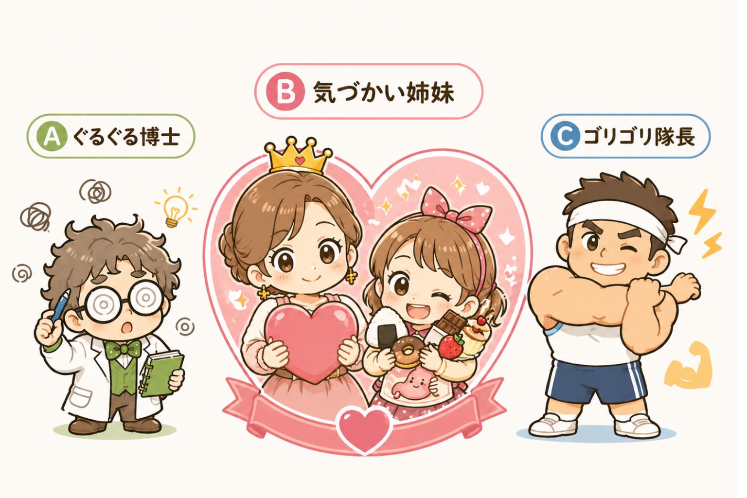 疲れの3タイプを表すキャラクター、ぐるぐる博士・気づかい姉妹・ゴリゴリ隊長のやさしいイラスト