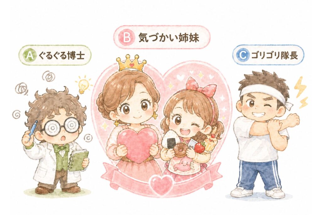 疲れのタイプを表すキャラクター、ぐるぐる博士・気づかい姉妹・ゴリゴリ隊長が並ぶやさしいイラスト