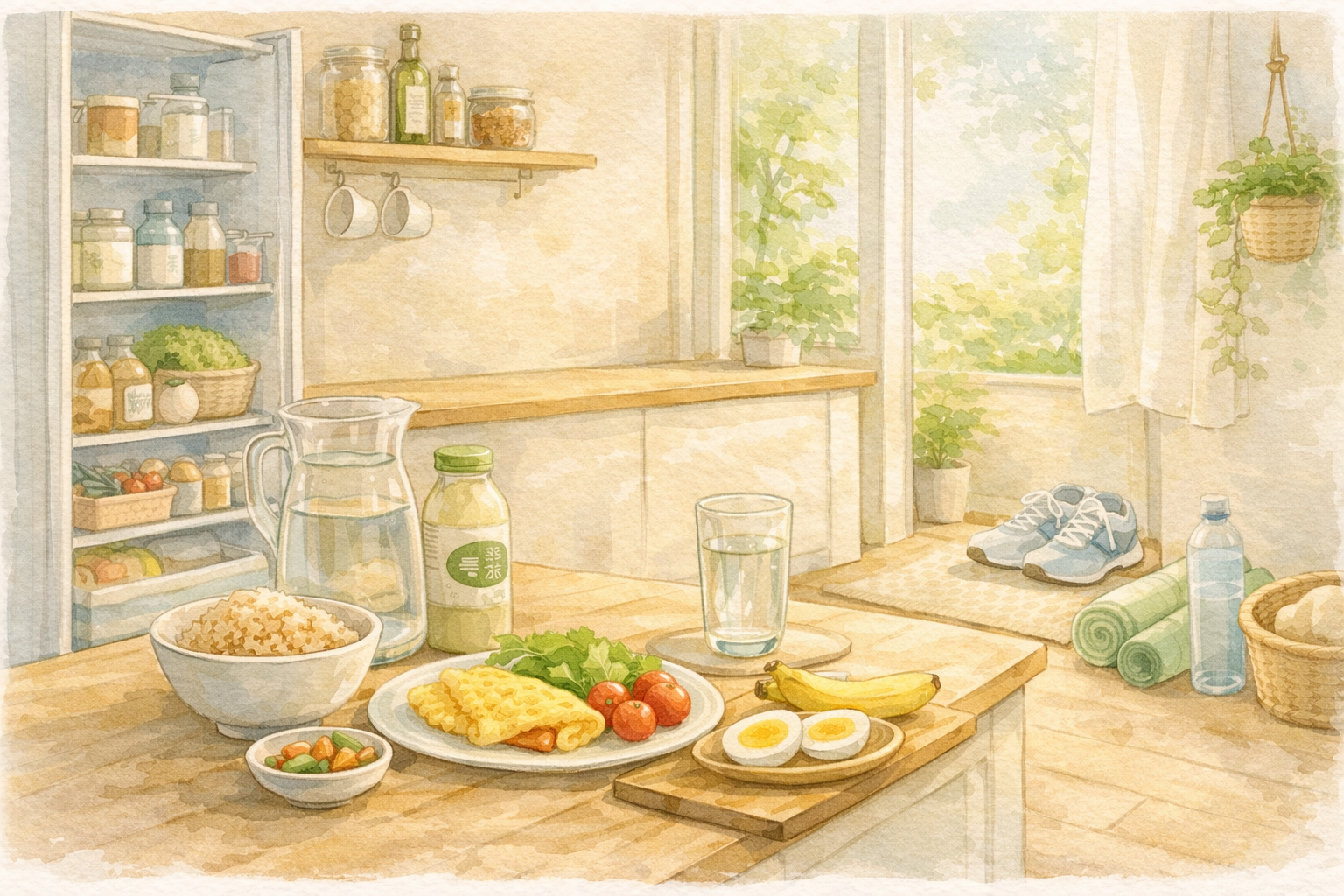 痩せやすい暮らしの環境をイメージした、明るいキッチンと整った食材をやわらかい水彩スケッチで描いたイラスト