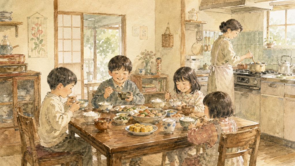 やわらかな光の中で、家族の記憶や食卓の温かさを感じる家のイメージ