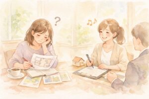 賃貸探しで迷う女性と、納得して契約を決める女性をやわらかい水彩スケッチで描いたイラスト