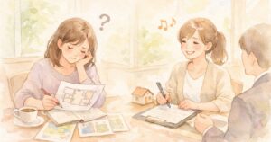 賃貸探しで迷う女性と、納得して契約を決める女性をやわらかい水彩スケッチで描いたイラスト