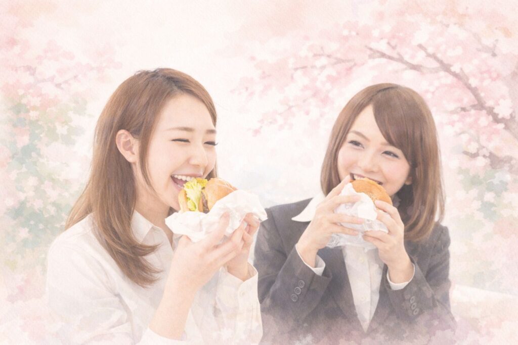 桜の中で食事を楽しむ女性たちのやさしい水彩イラスト