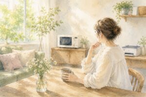 暮らしの環境を見直しながら、体を整えることを考える女性の水彩画