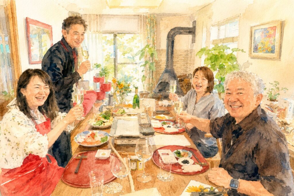 明るいリビングで食事を囲みながら、自然体で笑顔で過ごす大人たちのやさしい水彩画