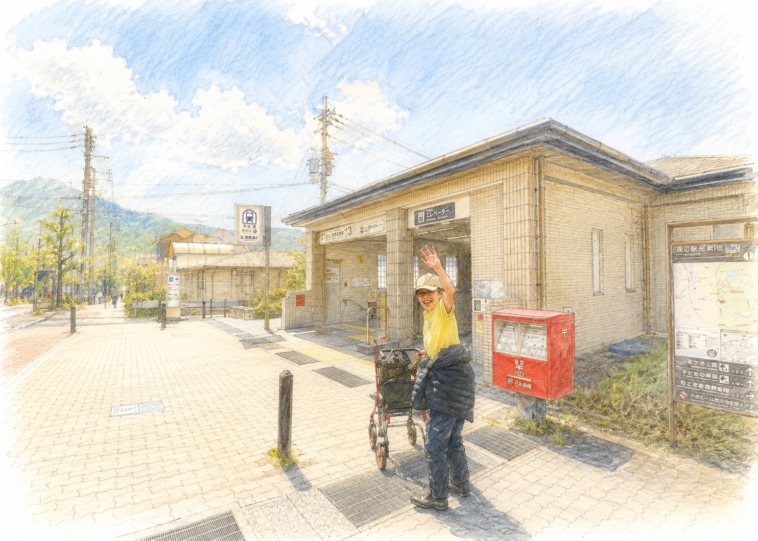 歩行器を押しながら駅前で手を振る高齢の母のやさしいスケッチイラスト