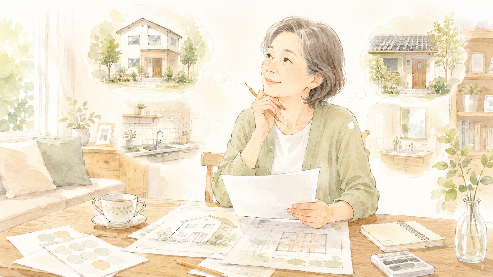 家のリフォームやこれからの暮らしについて、図面や資料を見ながら考えている女性のやさしい水彩イラスト