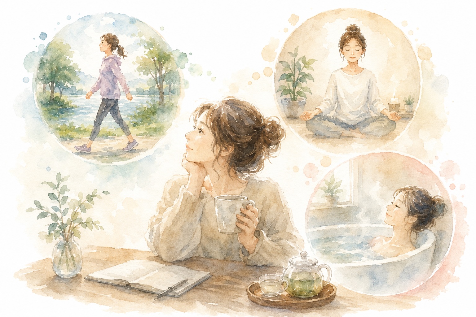 温かい飲み物を持ってくつろぐ女性を中心に、ウォーキング・瞑想・入浴の3つの習慣が丸いイメージで描かれた、やさしい水彩画風のサムネイル画像