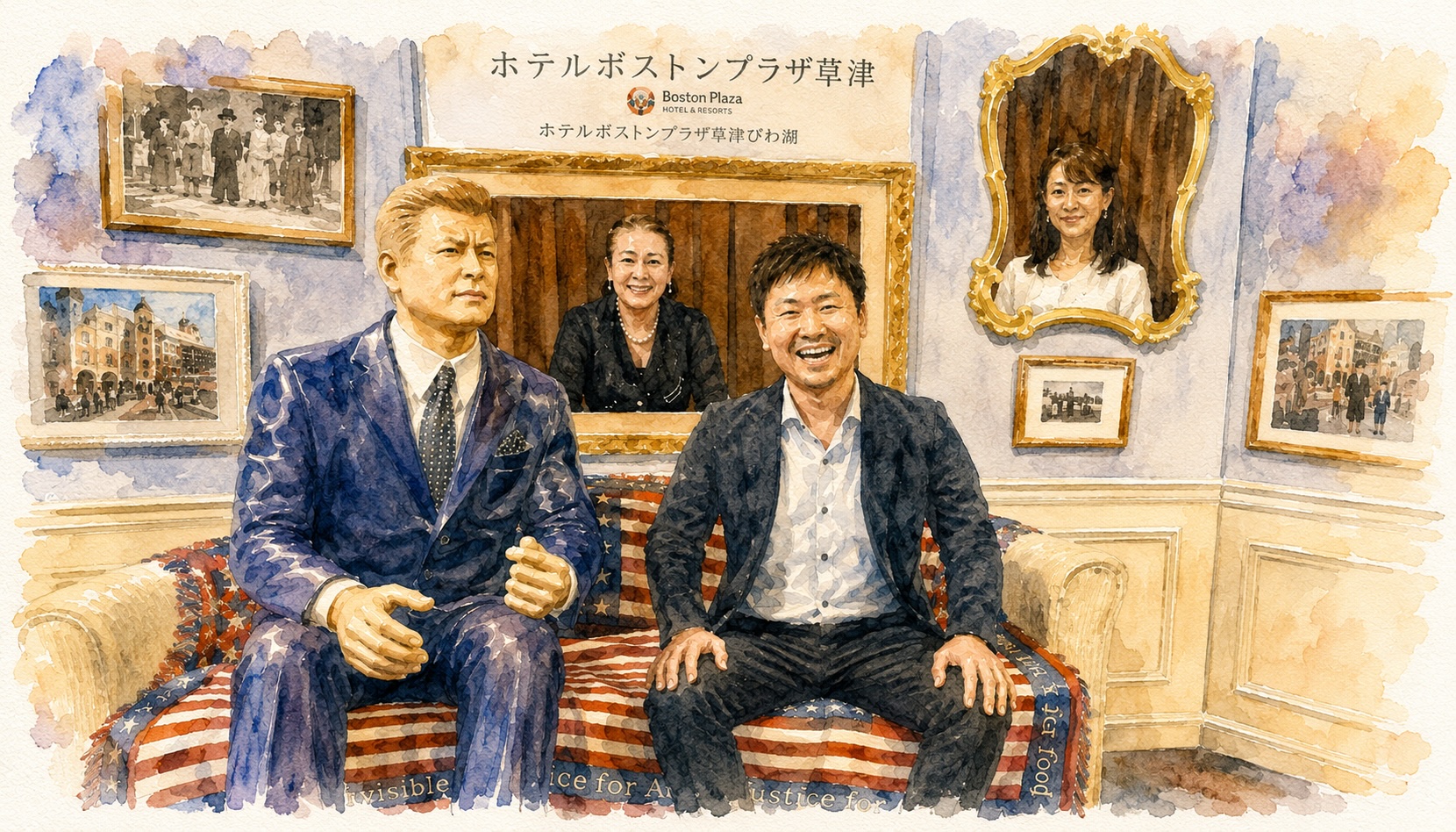 ホテルボストンプラザ草津びわ湖で、初めて出会った人たちとのあたたかな時間を描いた水彩風イラスト