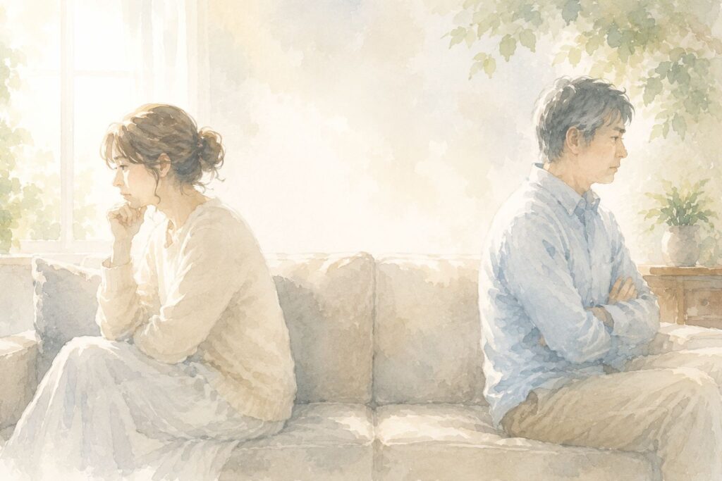 明るいリビングで少し距離を置いて座る中年夫婦を描いた、柔らかな水彩画