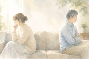 明るいリビングで少し距離を置いて座る中年夫婦を描いた、柔らかな水彩画