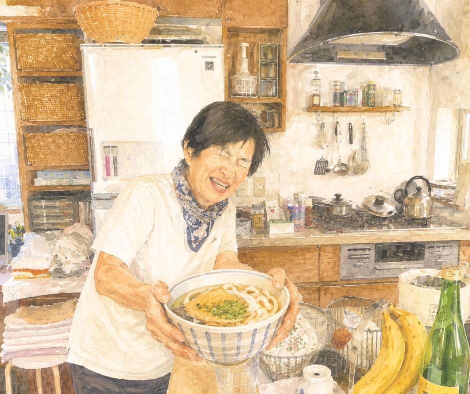 明るい台所で、母が笑顔で温かいうどんの入った丼を差し出している水彩画