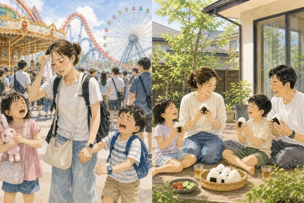 混雑した遊園地で疲れた母子と、家の庭でおにぎりを食べて笑う家族を対比した水彩イラスト