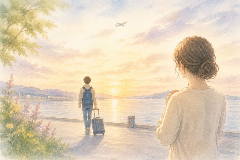 子どもの旅立ちを、胸に手を当てて静かに見送る母親の水彩イラスト