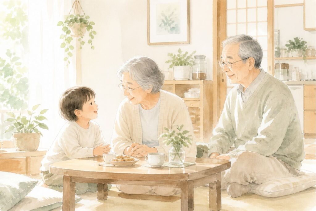 祖父母の家で、子どもが安心した表情で過ごしているやさしい水彩画風のイラスト
