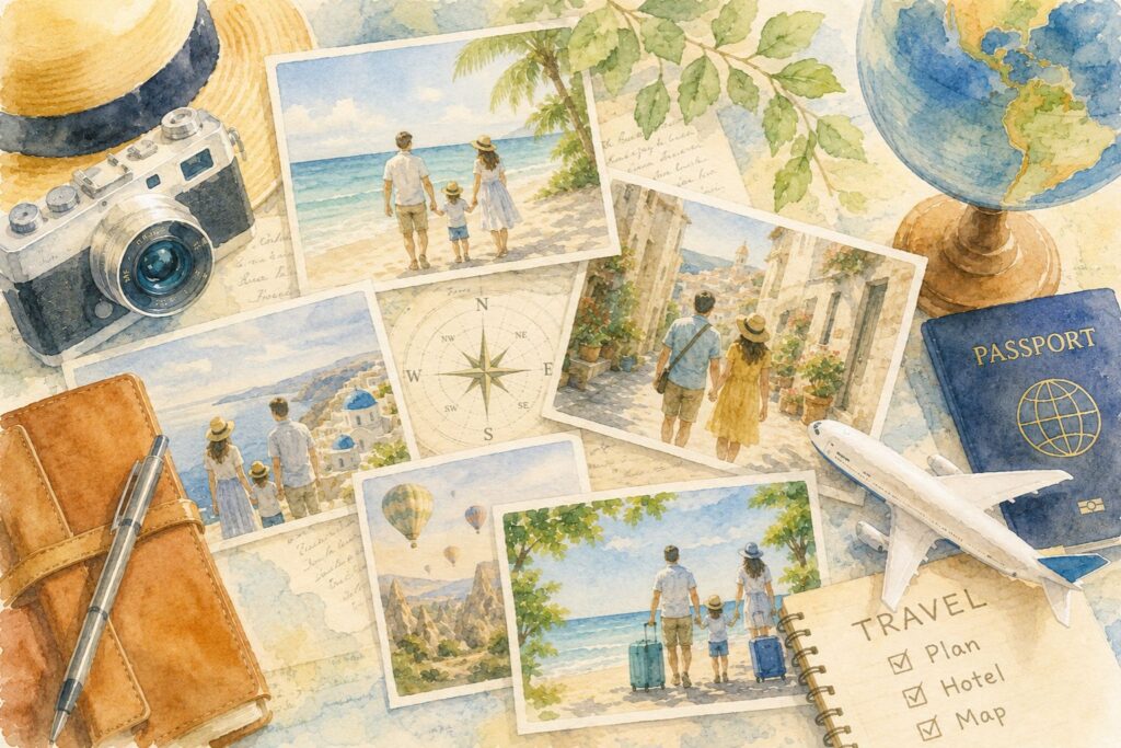 旅行にお金を使うことに悩む気持ちと、家族で経験を重ねる大切さを表現したやさしい水彩画