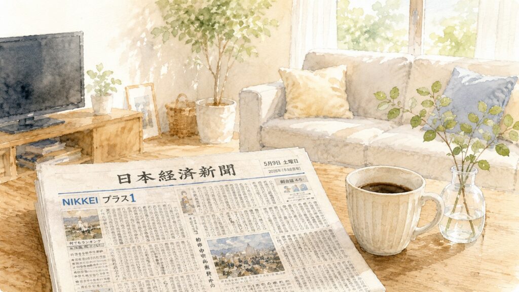 朝のやわらかい光が入るリビングで、日本経済新聞と温かい飲み物がテーブルに置かれ、テレビは静かに消えている水彩画風イラスト