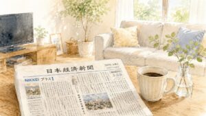 朝のやわらかい光が入るリビングで、日本経済新聞と温かい飲み物がテーブルに置かれ、テレビは静かに消えている水彩画風イラスト