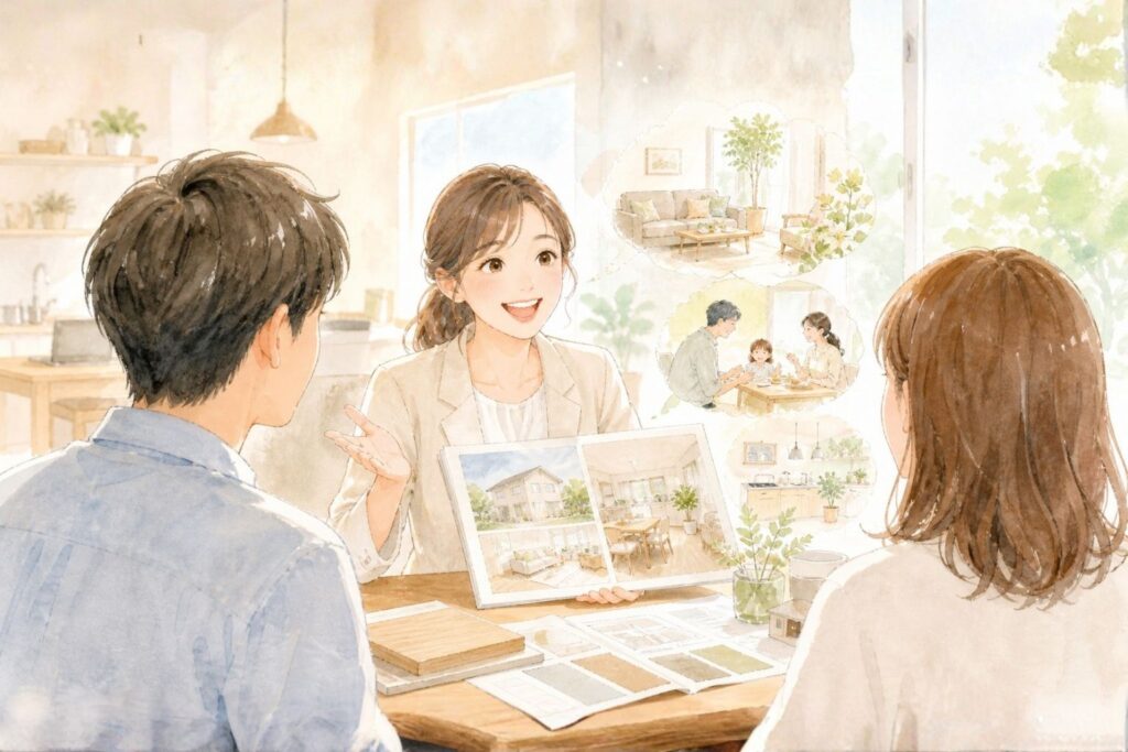 余裕を取り戻しながら、暮らしの話をやさしく伝える女性の水彩イラスト