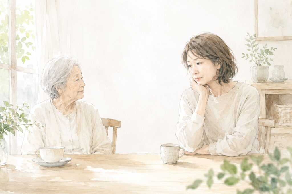 老いた親との距離感に悩みながら、自分の心と暮らしの余白を大切にしようとする女性のやさしい水彩イラスト