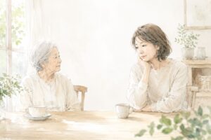 老いた親との距離感に悩みながら、自分の心と暮らしの余白を大切にしようとする女性のやさしい水彩イラスト