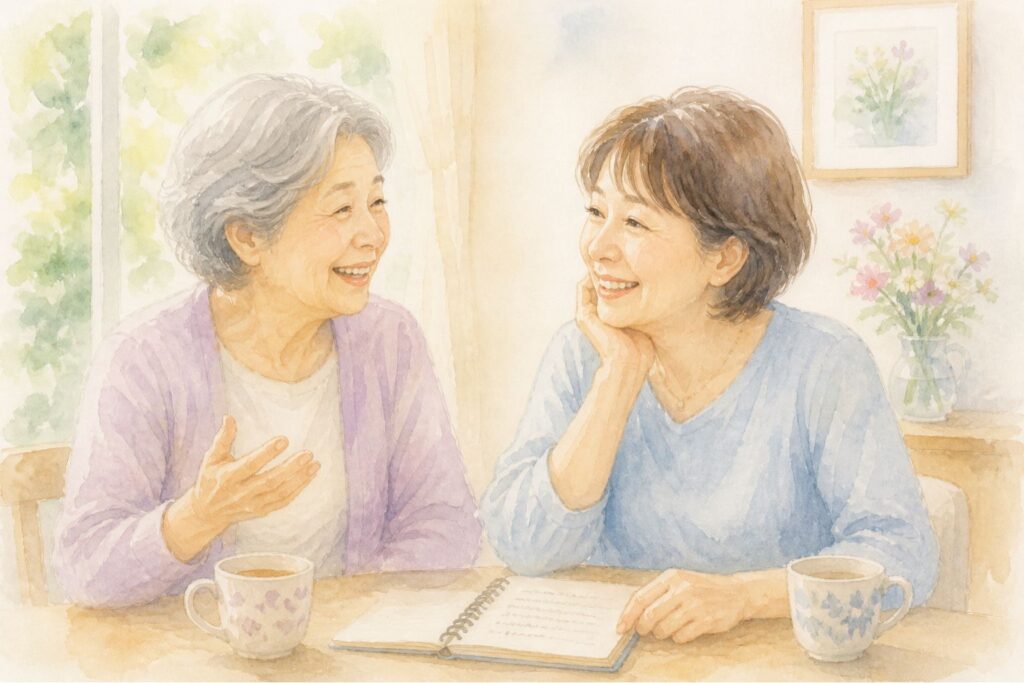 晴れ晴れとした表情で話す母と話を聞く娘のやさしい水彩イラスト