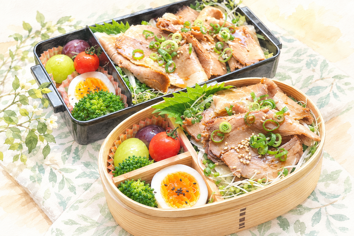 焼き豚と半熟ゆで卵、ブロッコリー、ミニトマト、ぶどうを詰めた焼き豚弁当