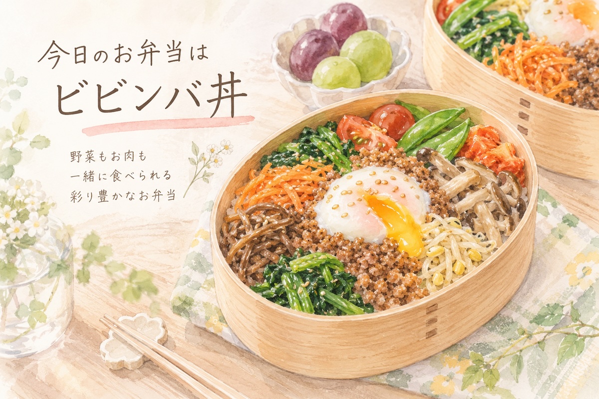 野菜と甘辛ひき肉、温玉をのせたビビンバ丼のお弁当